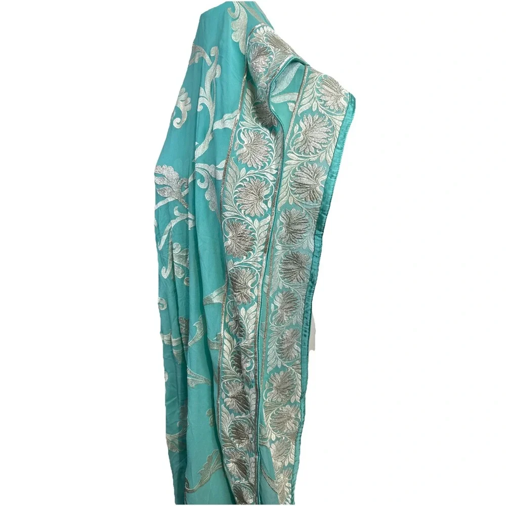 Indian Blue Silver Embroidery Resham Gotta Doppata Large Size 92 X 40